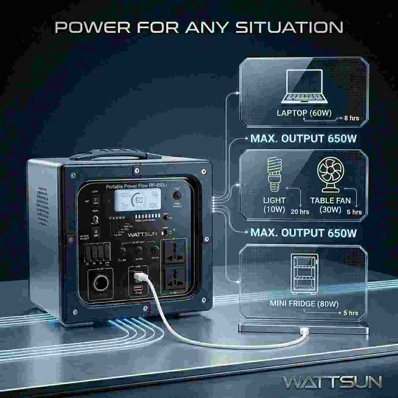 Wattsun 650W Portable Power Station | 268.8Wh Lithium Battery | 10 Output Ports | IP32 Rated